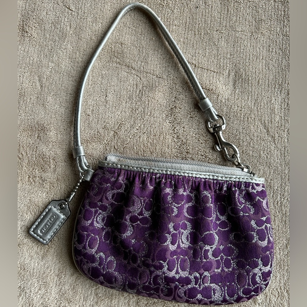Coach Lurex Small Signature Wristlet Purple and Silver Metallic